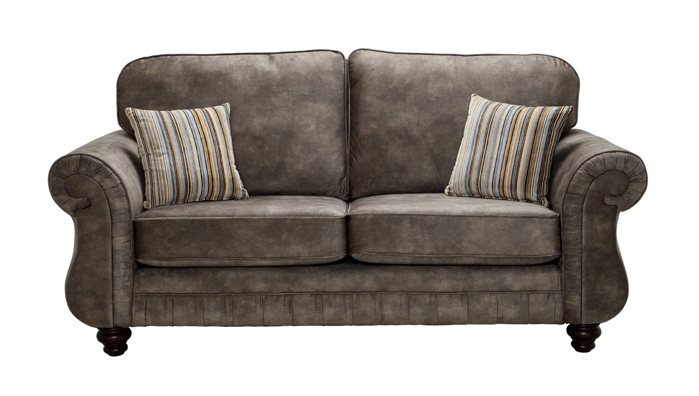 Sherlock 3 Seater Sofa In Palladium Brown Fabric With Margo Stripe Mustard Scatters